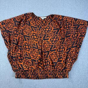 Chico's Satin Ikat Boxy Blouse Women's 20 Banded Waist Orange Black V-Neck